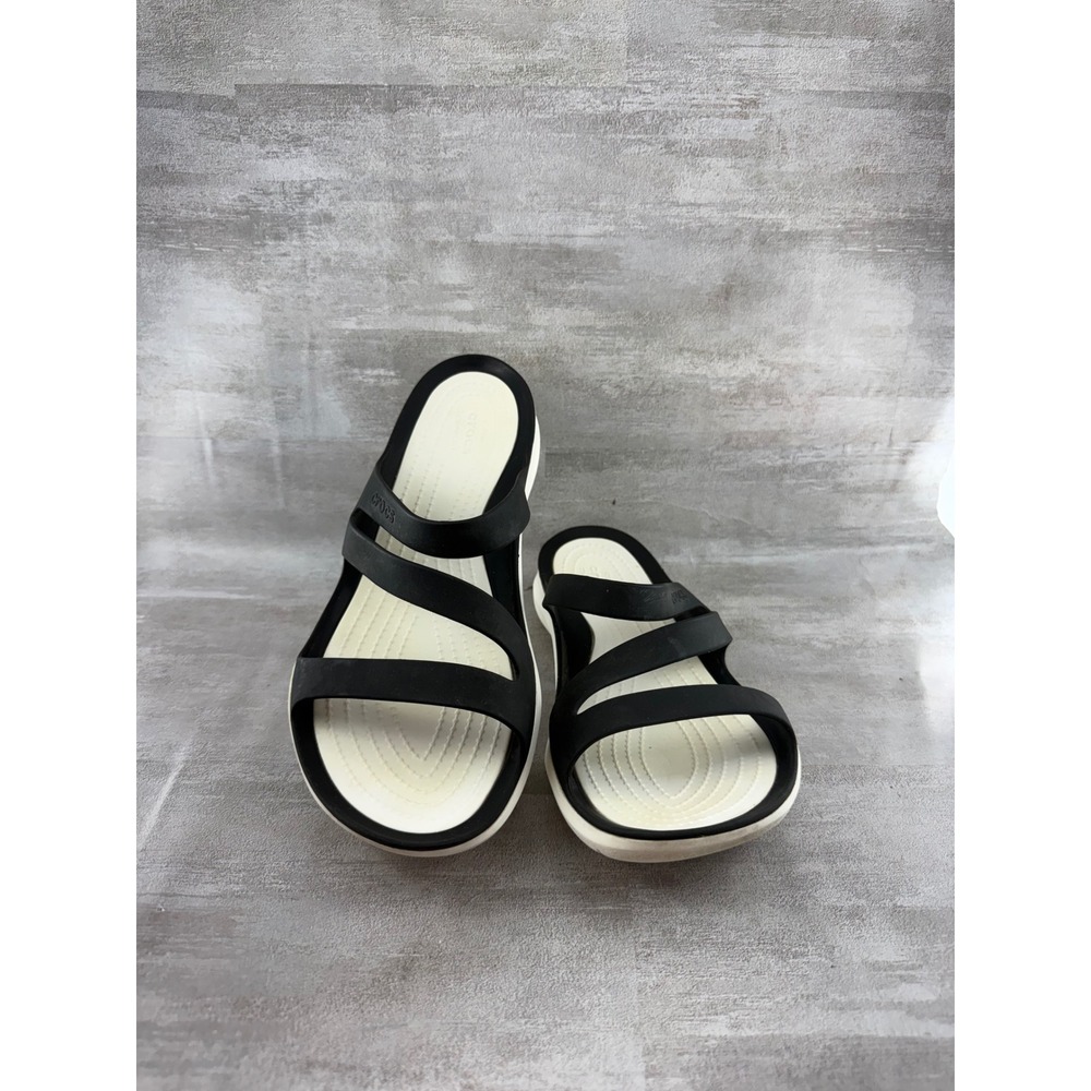 Crocs Swiftwater Strappy Sandal Black White Slides 203998 Women Sz 9